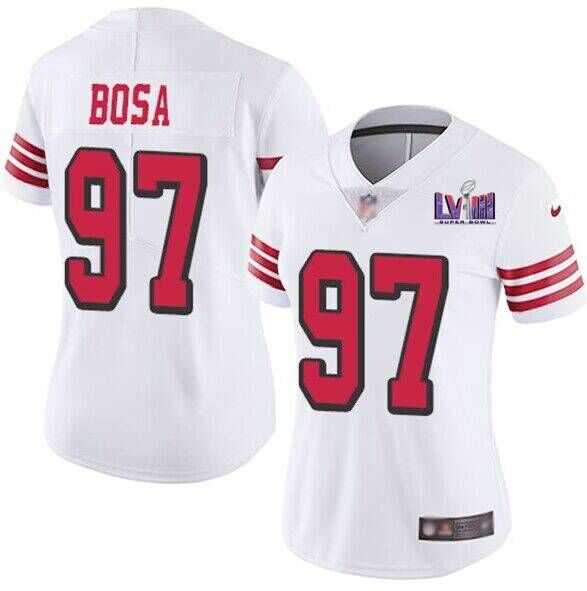 Womens San Francisco 49ers #97 Nick Bosa New White Super Bowl LVIII Patch Vapor Untouchable Limited Stitched Jersey